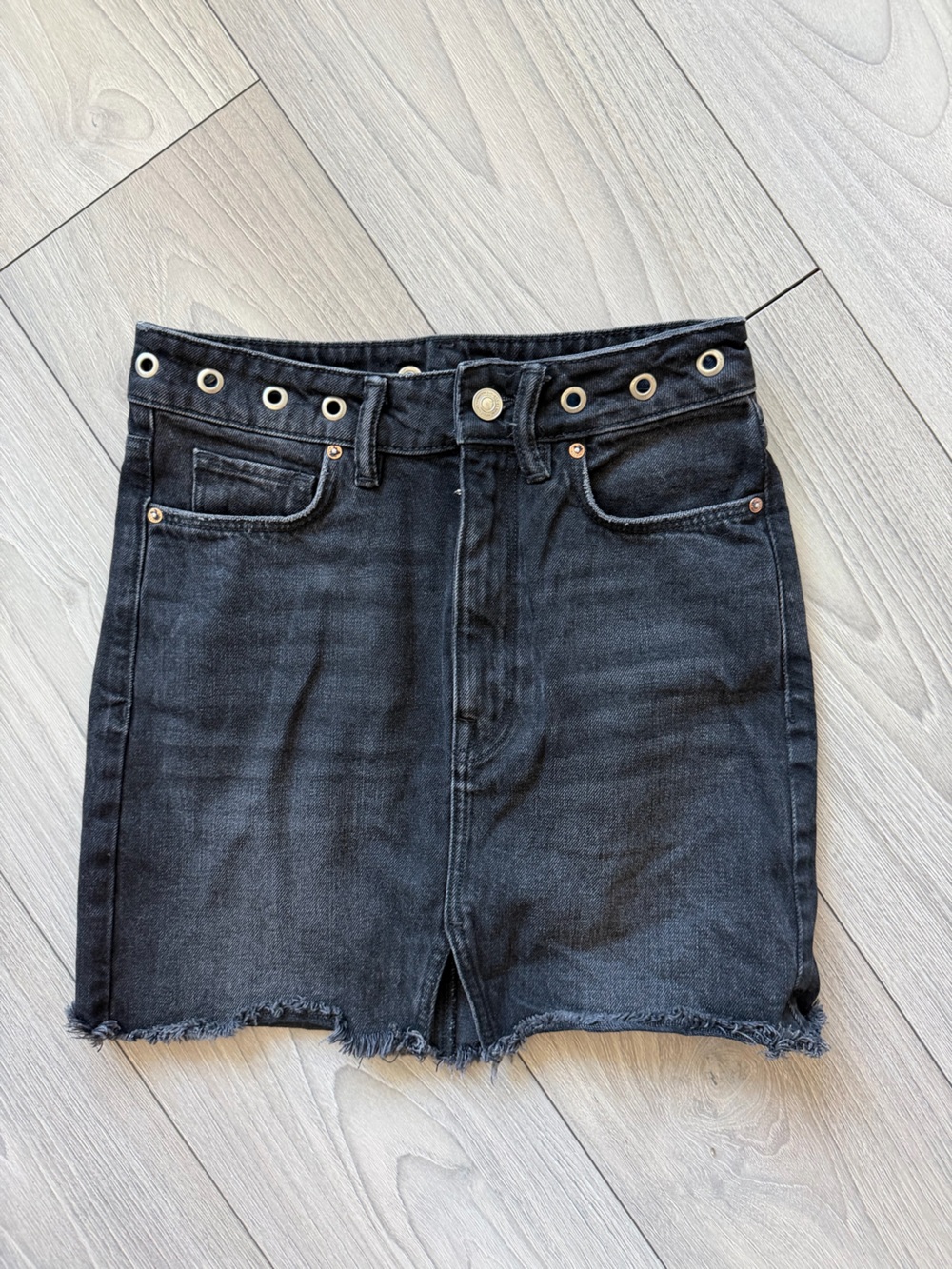 All Saints Black Denim Jean skirt with Grommet Waist